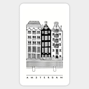 Three old houses. Amsterdam, Netherlands. Realistic black and white illustration. Sticker